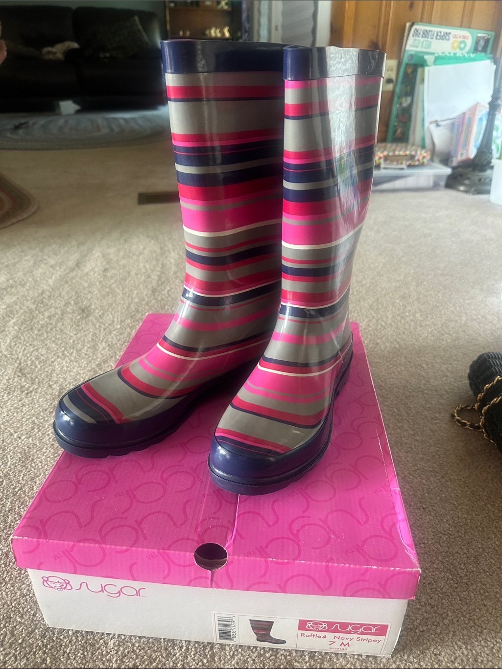 Sugar Raffle4, Navy Stripey 7m Rain Boots. Pink White Gray Blue Striped